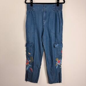 Johnny Was Embroidered Floral Cargo Denim Pants Medium Wash High Waist Size Sml